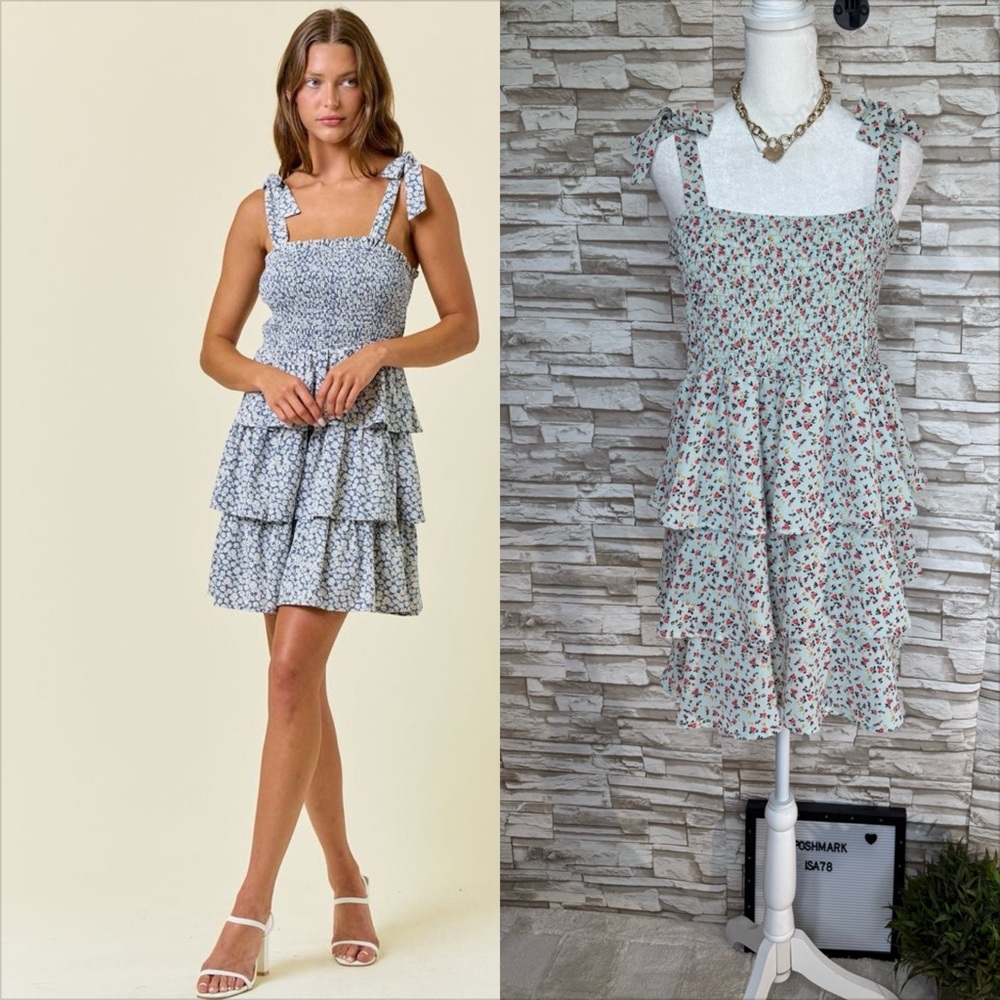 PIE IN THE SKY FLORAL PRINT SELF TIE STRAP SMOCKED BODICE TIERED MINI DRESS